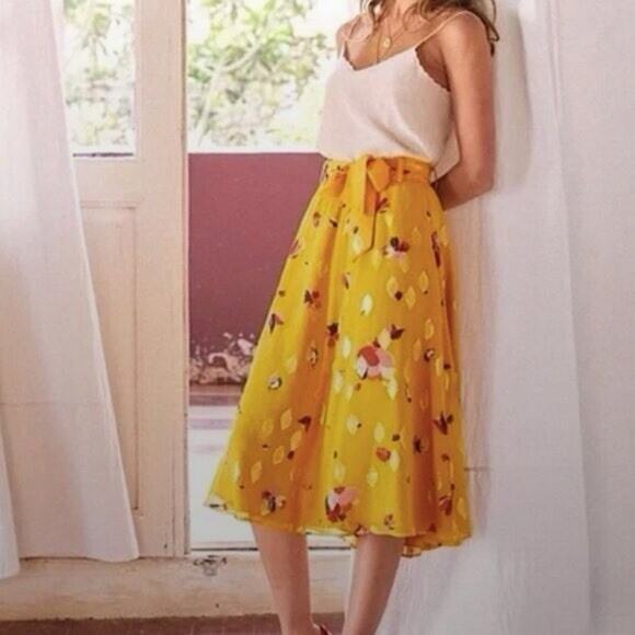 Sézane Silk Floral Wrap Skirt Yellow Gold Metallic Midi 44 US 12 Viscose Lining - Picture 1 of 14